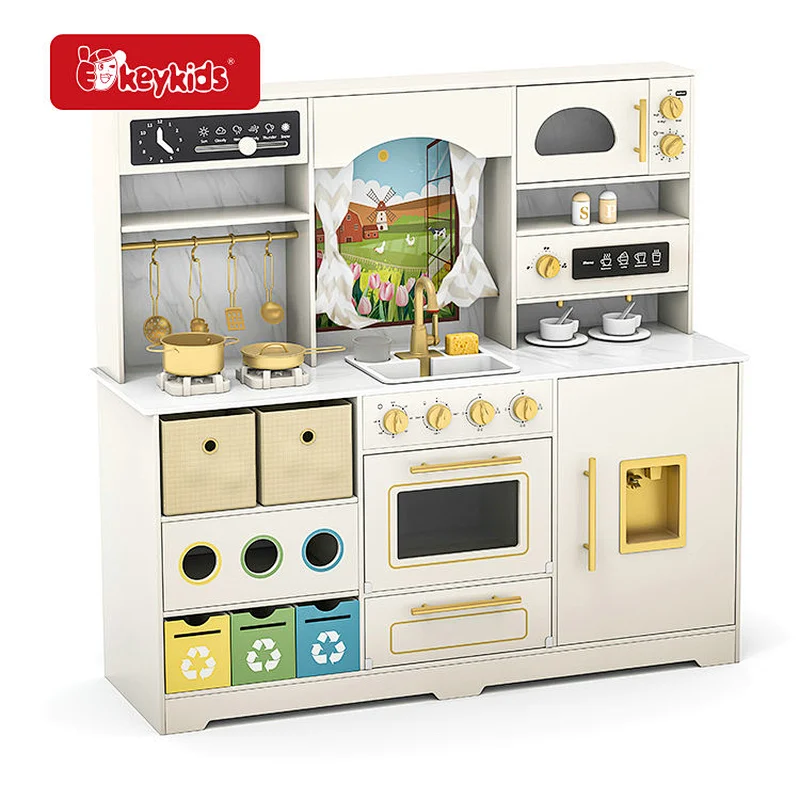 Interactive Wooden Play Kitchen Set with Lights, Sounds Storage Bin Pretend Chef Cooking Toy with Recycling Trash Can W10K039B